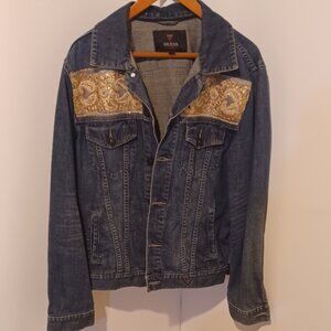 Guess Dark Denim Button 4 Pockets Jean Jacket Embellished Gold Large